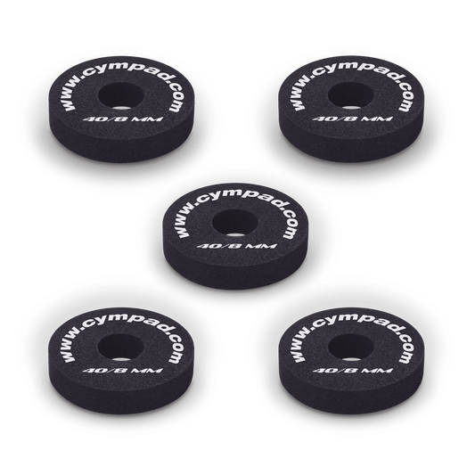 Five Cympad Optimizer 8mm washers arranged together, each featuring white text. These durable washers are designed to improve cymbal performance by providing enhanced control, stability, and sound quality for drummers.