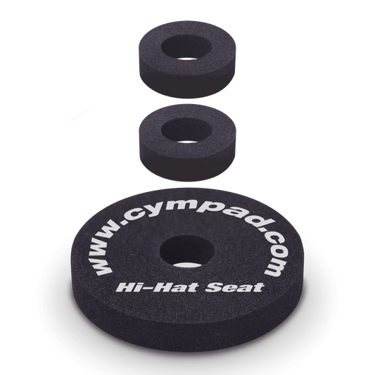 Cympad Optimizer Hi-Hat, Clutch, and Seat set, featuring white text on each piece. These high-quality washers are designed to enhance cymbal sound and performance, offering improved control, stability, and durability for drummers.