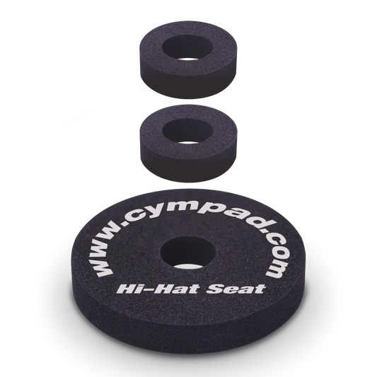 Cympad Optimizer Hi-Hat, Clutch, and Seat set, featuring white text on each piece. These high-quality washers are designed to enhance cymbal sound and performance, offering improved control, stability, and durability for drummers.