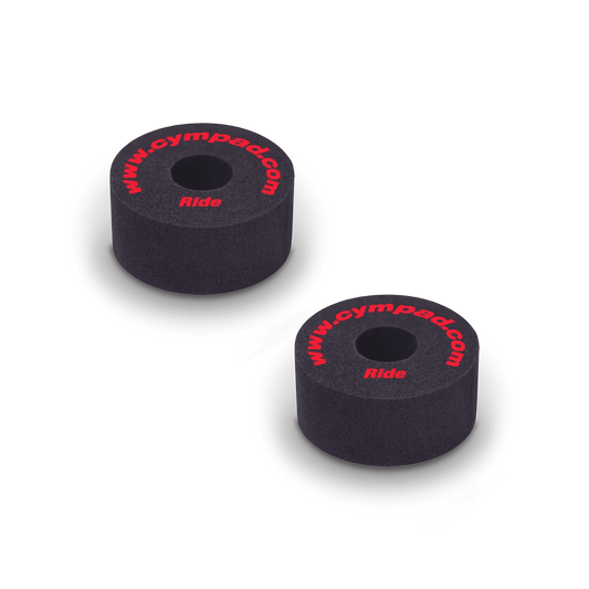 Two Cympad Optimizer Ride Washers, featuring red text on each washer. These high-quality washers enhance cymbal sound and performance, providing superior control and durability for drummers