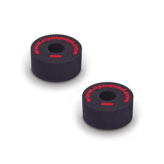 Two Cympad Optimizer Ride Washers, featuring red text on each washer. These high-quality washers enhance cymbal sound and performance, providing superior control and durability for drummers