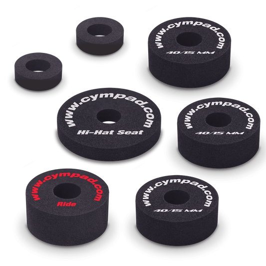 Cympad Optimizer Starter Pack, featuring a collection of high-quality washers designed to enhance cymbal performance. This pack includes various sizes to provide improved control, stability, and sound quality, perfect for drummers looking to optimize their setup.