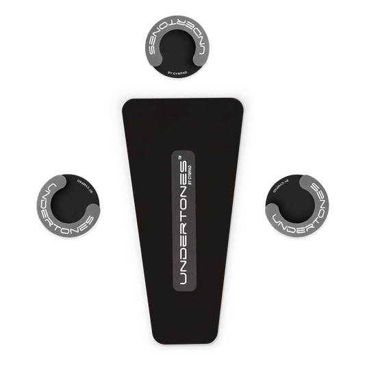 Cympad Undertones Hi-Hat Leg Pads paired with a Hi-Hat Pedal Pad, designed to reduce vibration and enhance stability. These high-quality pads provide improved grip and protection, ensuring better control and performance for drummers.