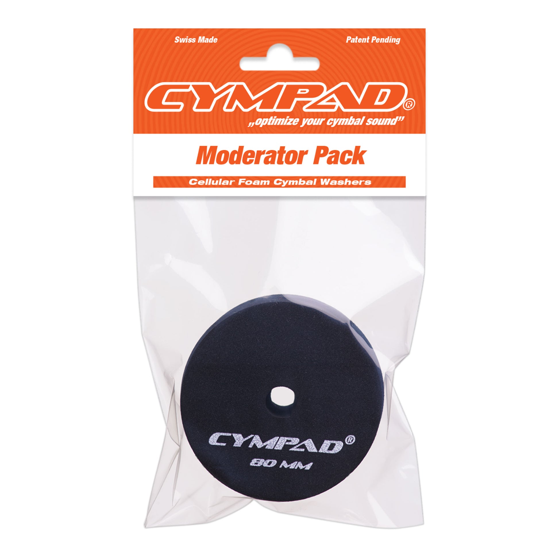 Cympad Moderator 90mm pack – Large black cellular foam cymbal washer in retail packaging with orange and white branding. Designed to reduce cymbal volume and overtones while preserving natural feel. Made in Switzerland.
