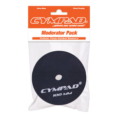 Cympad Moderator 100mm single pack – Large black cellular foam cymbal washer in retail packaging with orange and white branding. Designed to reduce cymbal volume and overtones while preserving natural feel. Made in Switzerland.