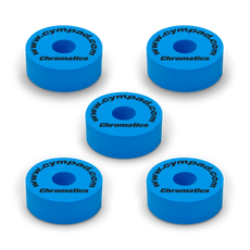 Blue Cympad Chromatics cymbal washers – 5-piece set of high-density foam washers for drum kits, designed to improve cymbal sound, reduce wear, and add visual style.