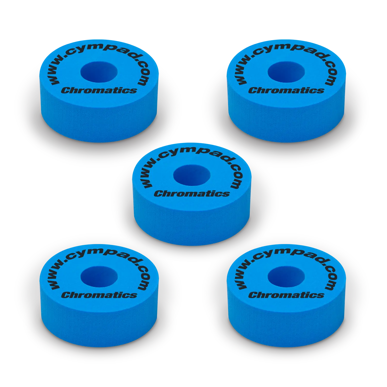 Blue Cympad Chromatics cymbal washers – 5-piece set of high-density foam washers for drum kits, designed to improve cymbal sound, reduce wear, and add visual style.