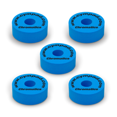 Blue Cympad Chromatics cymbal washers – 5-piece set of high-density foam washers for drum kits, designed to improve cymbal sound, reduce wear, and add visual style.