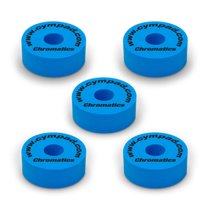Blue Cympad Chromatics cymbal washers – 5-piece set of high-density foam washers for drum kits, designed to improve cymbal sound, reduce wear, and add visual style.