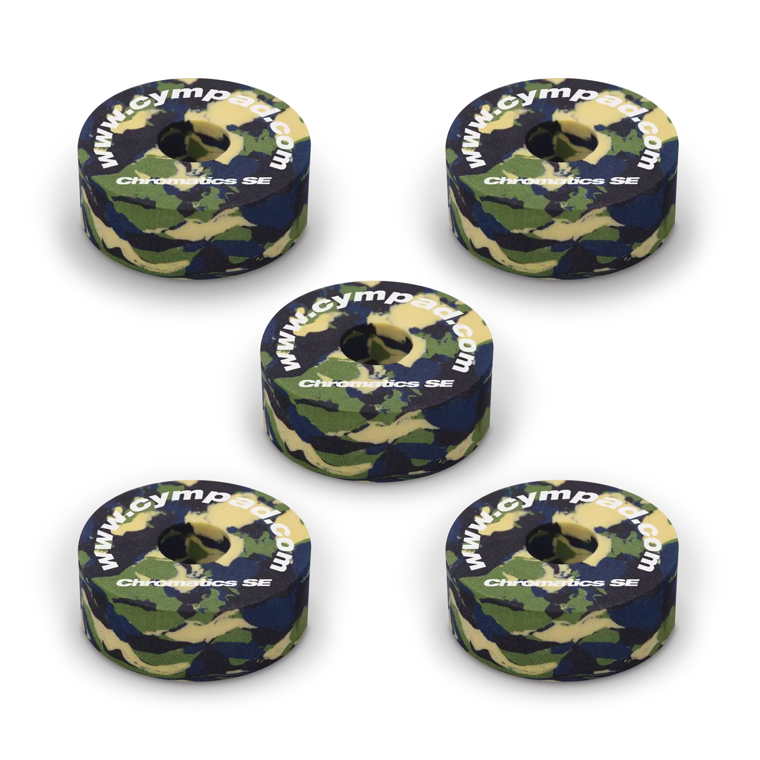 SE Cympad Chromatics cymbal washers – 5-piece set of high-density foam washers for drum kits, designed to improve cymbal sound, reduce wear, and add visual style.