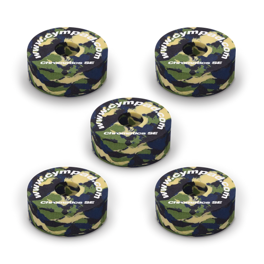 SE Cympad Chromatics cymbal washers – 5-piece set of high-density foam washers for drum kits, designed to improve cymbal sound, reduce wear, and add visual style.