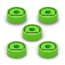 Green Cympad Chromatics cymbal washers – 5-piece set of high-density foam washers for drum kits, designed to improve cymbal sound, reduce wear, and add visual style.