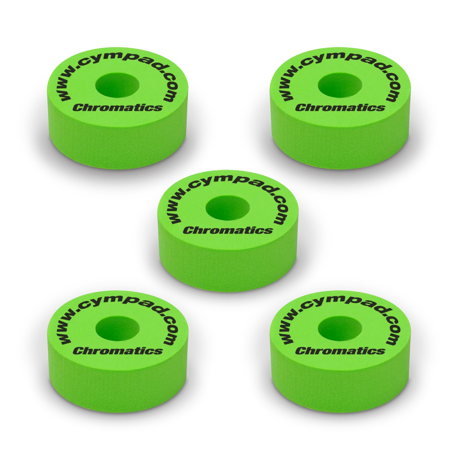 Green Cympad Chromatics cymbal washers – 5-piece set of high-density foam washers for drum kits, designed to improve cymbal sound, reduce wear, and add visual style.