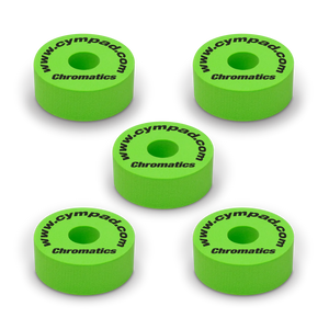 Green Cympad Chromatics cymbal washers – 5-piece set of high-density foam washers for drum kits, designed to improve cymbal sound, reduce wear, and add visual style.