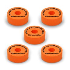 Orange Cympad Chromatics cymbal washers – 5-piece set of high-density foam washers for drum kits, designed to improve cymbal sound, reduce wear, and add visual style.