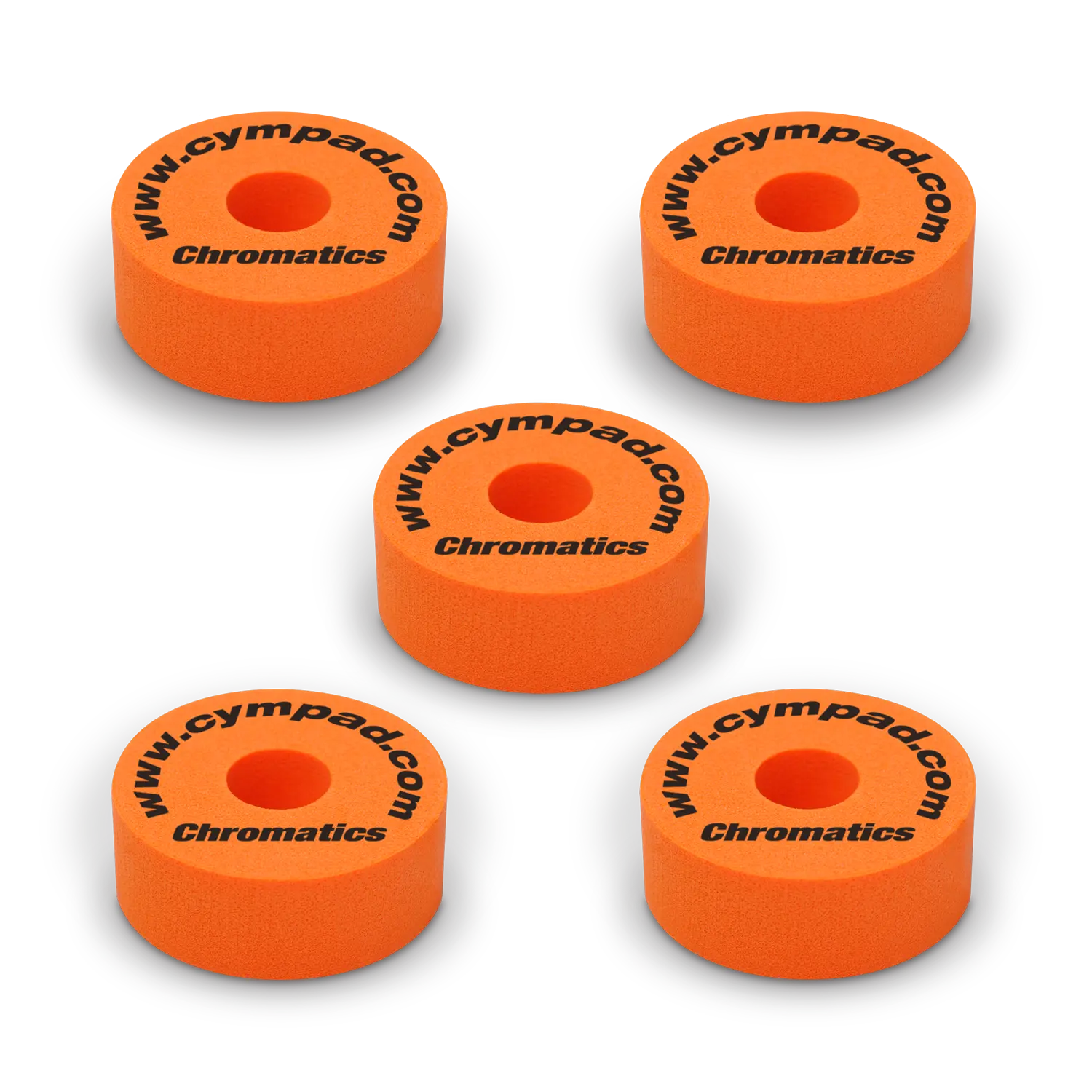 Orange Cympad Chromatics cymbal washers – 5-piece set of high-density foam washers for drum kits, designed to improve cymbal sound, reduce wear, and add visual style.