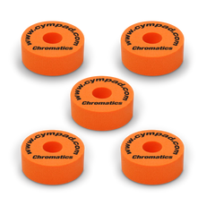 Orange Cympad Chromatics cymbal washers – 5-piece set of high-density foam washers for drum kits, designed to improve cymbal sound, reduce wear, and add visual style.