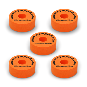 Orange Cympad Chromatics cymbal washers – 5-piece set of high-density foam washers for drum kits, designed to improve cymbal sound, reduce wear, and add visual style.