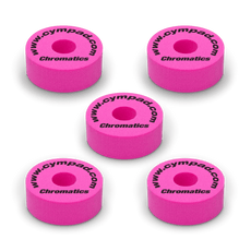 Pink Cympad Chromatics cymbal washers – 5-piece set of high-density foam washers for drum kits, designed to improve cymbal sound, reduce wear, and add visual style.