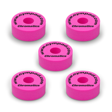 Pink Cympad Chromatics cymbal washers – 5-piece set of high-density foam washers for drum kits, designed to improve cymbal sound, reduce wear, and add visual style.