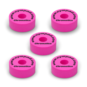 Pink Cympad Chromatics cymbal washers – 5-piece set of high-density foam washers for drum kits, designed to improve cymbal sound, reduce wear, and add visual style.