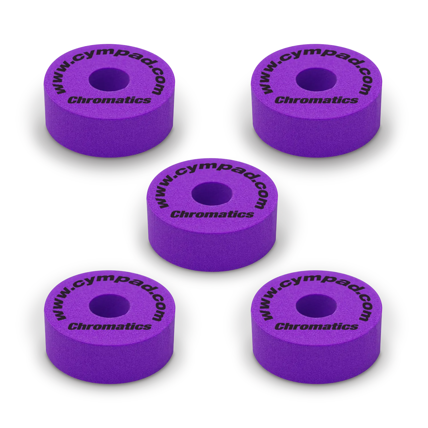 Purple Cympad Chromatics cymbal washers – 5-piece set of high-density foam washers for drum kits, designed to improve cymbal sound, reduce wear, and add visual style.