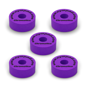Purple Cympad Chromatics cymbal washers – 5-piece set of high-density foam washers for drum kits, designed to improve cymbal sound, reduce wear, and add visual style.