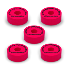 Red Cympad Chromatics cymbal washers – 5-piece set of high-density foam washers for drum kits, designed to improve cymbal sound, reduce wear, and add visual style.