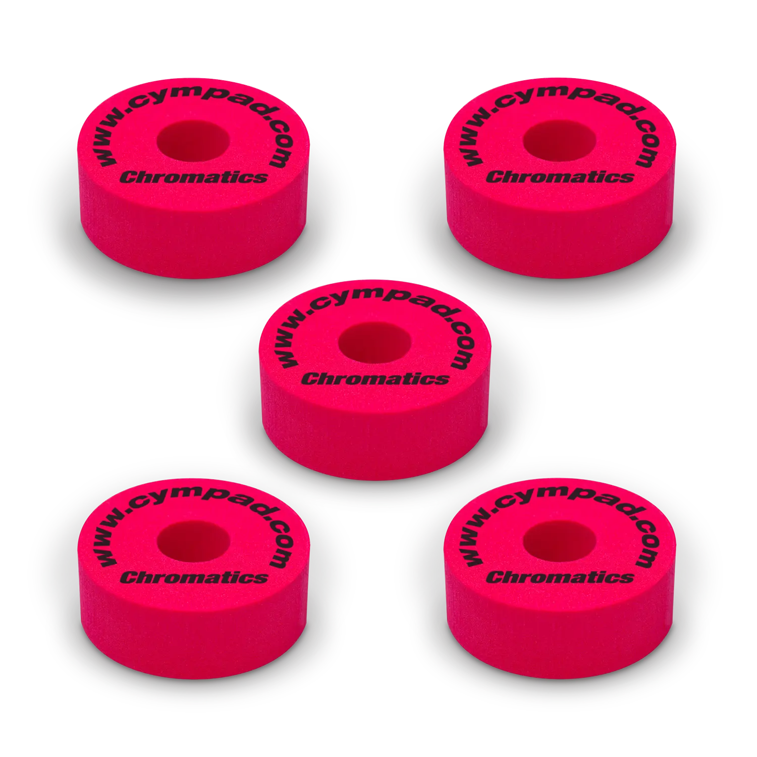 Red Cympad Chromatics cymbal washers – 5-piece set of high-density foam washers for drum kits, designed to improve cymbal sound, reduce wear, and add visual style.