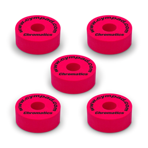 Red Cympad Chromatics cymbal washers – 5-piece set of high-density foam washers for drum kits, designed to improve cymbal sound, reduce wear, and add visual style.