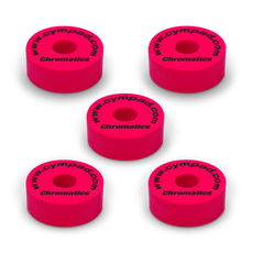 Red Cympad Chromatics cymbal washers – 5-piece set of high-density foam washers for drum kits, designed to improve cymbal sound, reduce wear, and add visual style.
