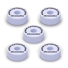 White Cympad Chromatics cymbal washers. 5-piece foam washer set for cymbals; improves cymbal sound, reduces wear, adds style.