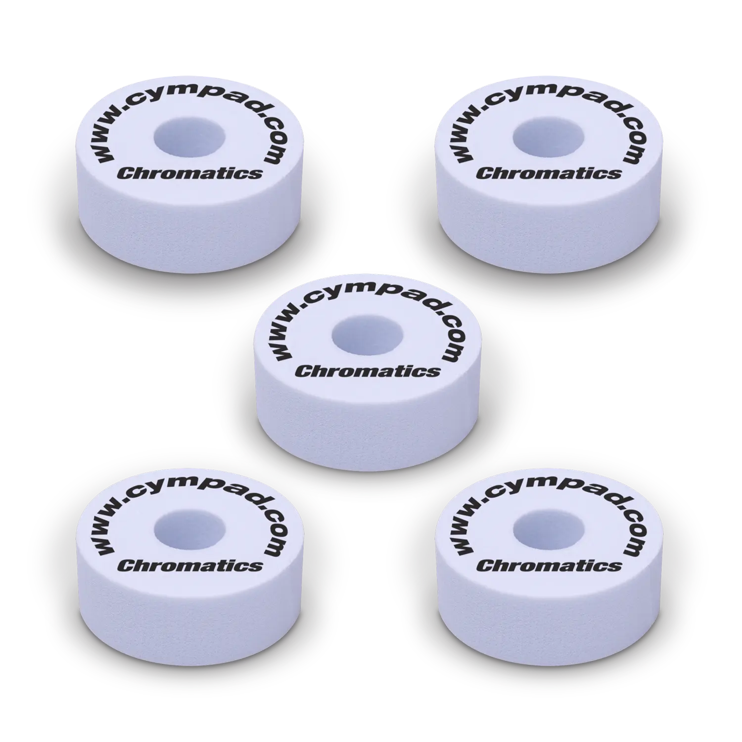 White Cympad Chromatics cymbal washers – 5-piece set of high-density foam washers for drum kits, designed to improve cymbal sound, reduce wear, and add visual style.