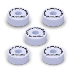 White Cympad Chromatics cymbal washers – 5-piece set of high-density foam washers for drum kits, designed to improve cymbal sound, reduce wear, and add visual style.