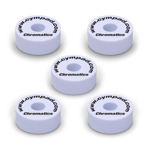 White Cympad Chromatics cymbal washers – 5-piece set of high-density foam washers for drum kits, designed to improve cymbal sound, reduce wear, and add visual style.