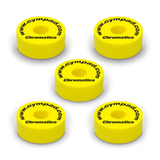 Yellow Cympad Chromatics cymbal washers – 5-piece set of high-density foam washers for drum kits, designed to improve cymbal sound, reduce wear, and add visual style.