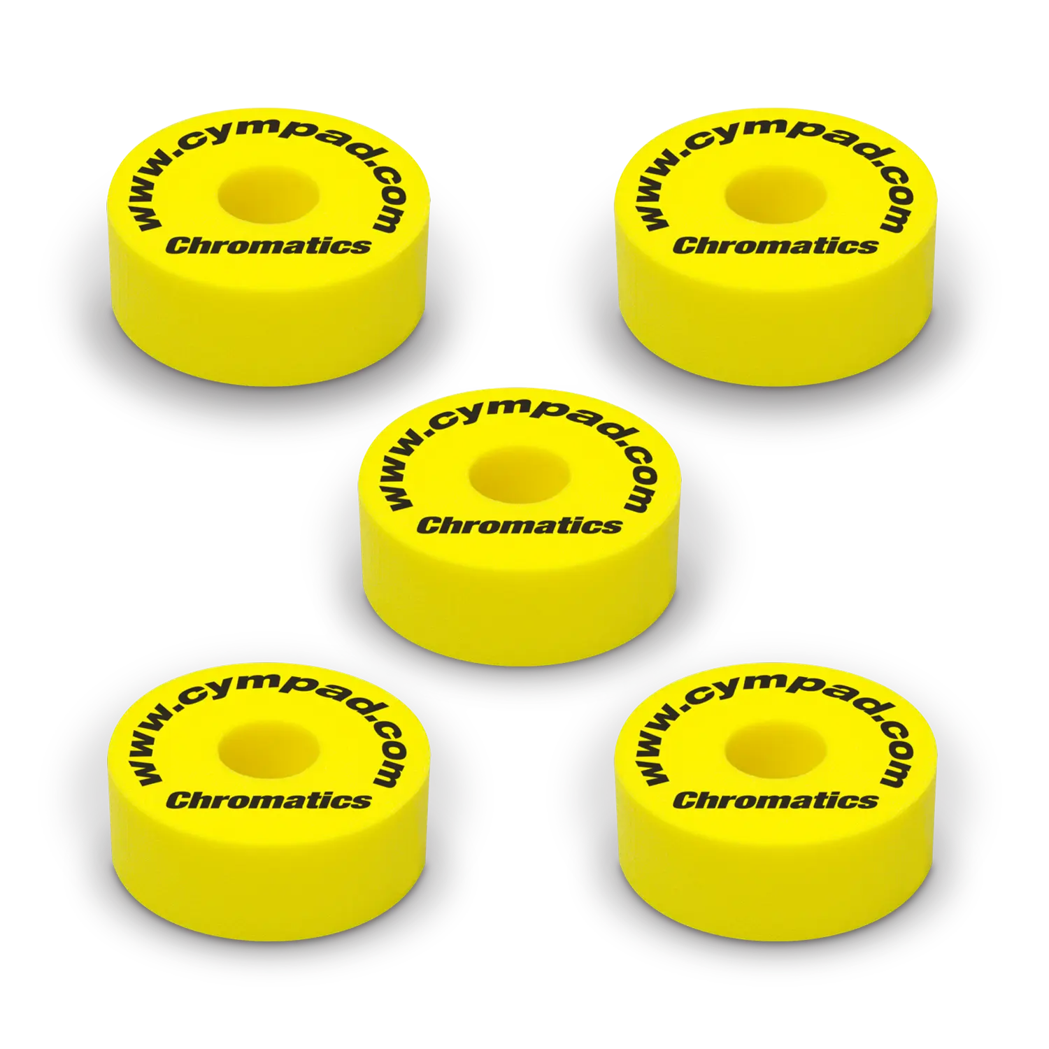 Yellow Cympad Chromatics cymbal washers – 5-piece set of high-density foam washers for drum kits, designed to improve cymbal sound, reduce wear, and add visual style.