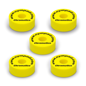 Yellow Cympad Chromatics cymbal washers – 5-piece set of high-density foam washers for drum kits, designed to improve cymbal sound, reduce wear, and add visual style.