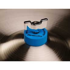 Cympad Chromatics blue cymbal washer installed on a cymbal stand, providing colorful isolation and enhanced cymbal performance