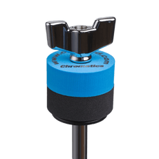Blue Cympad Chromatics cymbal washer installed on a cymbal stand with a wing nut, showing foam washer placement for improved cymbal control, sound, and protection.