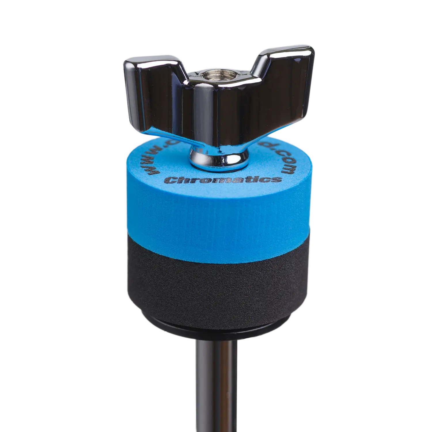 Blue Cympad Chromatics cymbal washer installed on a cymbal stand with a wing nut, showing foam washer placement for improved cymbal control, sound, and protection.