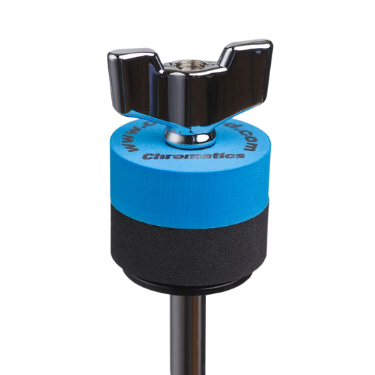 Blue Cympad Chromatics cymbal washer installed on a cymbal stand with a wing nut, showing foam washer placement for improved cymbal control, sound, and protection.