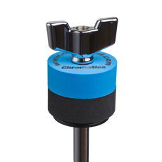 Blue Cympad Chromatics cymbal washer installed on a cymbal stand with a wing nut, showing foam washer placement for improved cymbal control, sound, and protection.