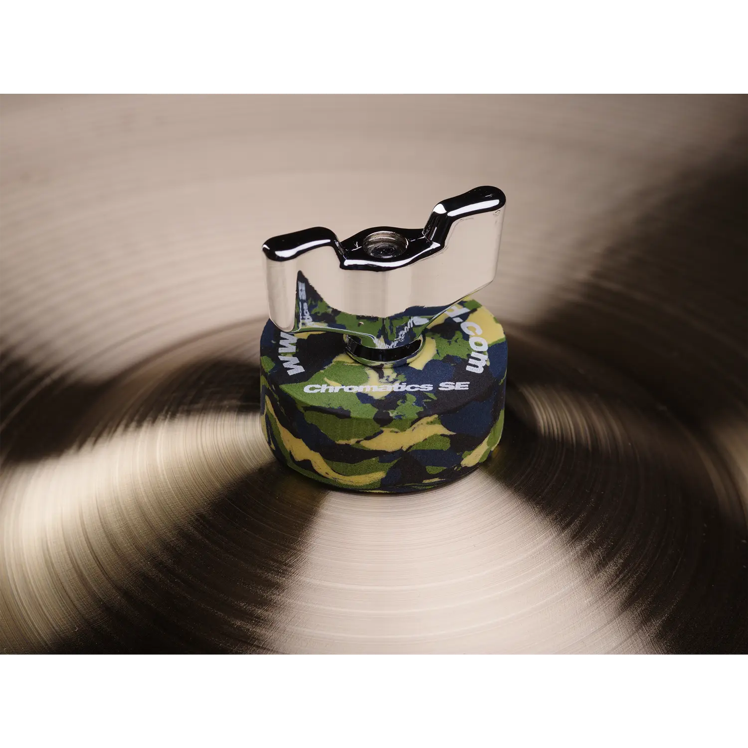 Cympad Chromatics SE cymbal washer installed on a cymbal stand, providing colorful isolation and enhanced cymbal performance