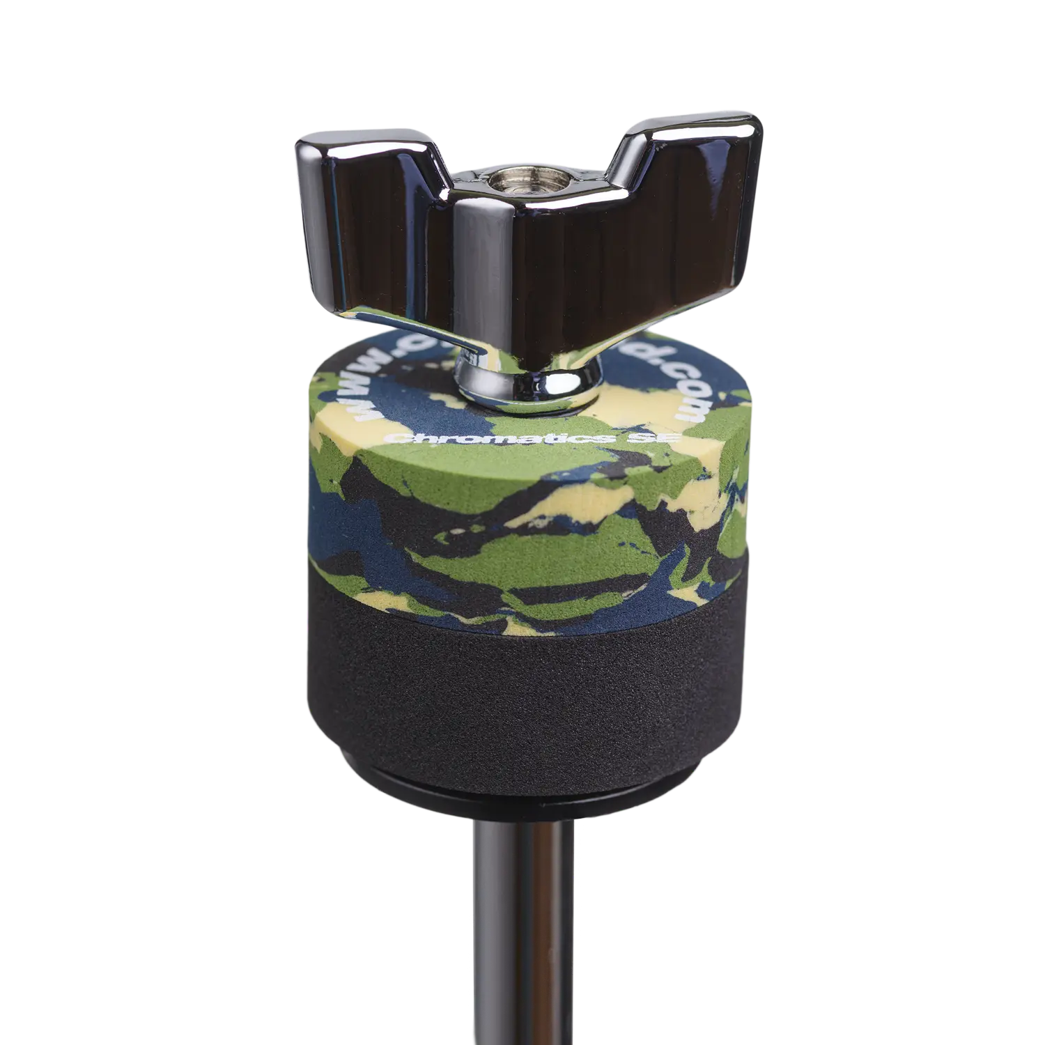SE Cympad Chromatics cymbal washer installed on a cymbal stand with a wing nut, showing foam washer placement for improved cymbal control, sound, and protection.