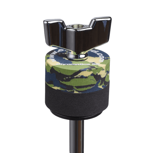 SE Cympad Chromatics cymbal washer installed on a cymbal stand with a wing nut, showing foam washer placement for improved cymbal control, sound, and protection.