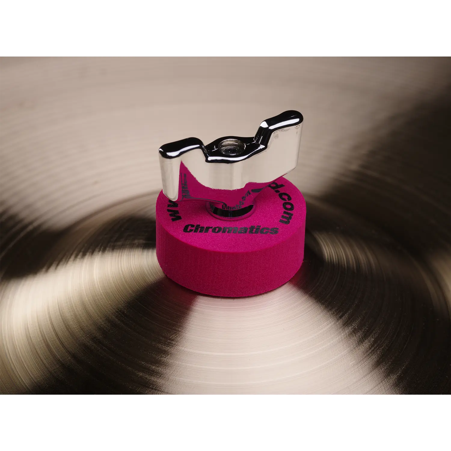 Cympad Chromatics Crimson cymbal washer installed on a cymbal stand, providing colorful isolation and enhanced cymbal performance