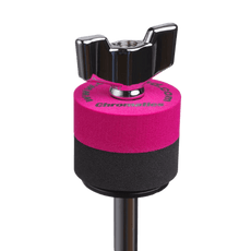 Crimson Cympad Chromatics cymbal washer installed on a cymbal stand with a wing nut, showing foam washer placement for improved cymbal control, sound, and protection.