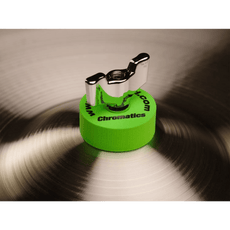 Cympad Chromatics Green cymbal washer installed on a cymbal stand, providing colorful isolation and enhanced cymbal performance