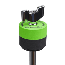 Green Cympad Chromatics cymbal washer installed on a cymbal stand with a wing nut, showing foam washer placement for improved cymbal control, sound, and protection.